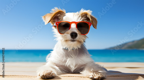 A funny dog in sunglasses lies on a bedding against the sea. © HappyKris