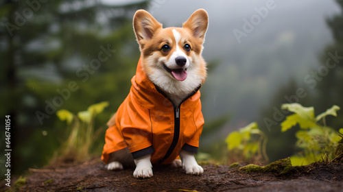 Corgi dog on a walk in the woods wearing an orange jumpsuit. Traveling with a dog.