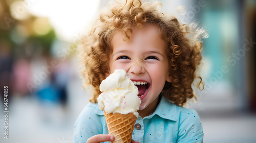 A funny boy with curly hair is holding an ice cream cone and laughing.
