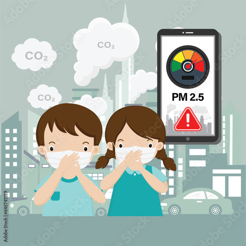 Kids wearing face mask against smog, dust, pm2.5 air pollution in the city  cartoon illustration.