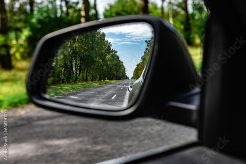 Side rear-view mirror of modern car with forest landscape.