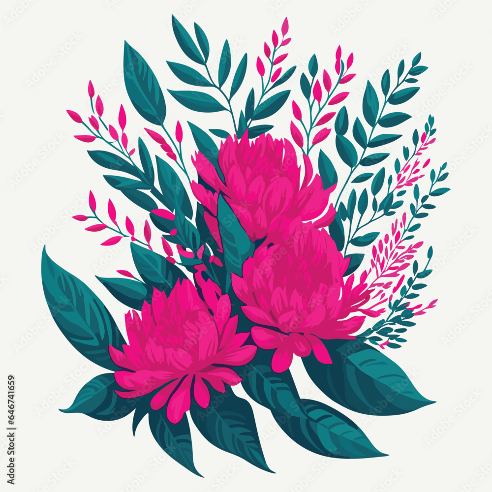 Vector watercolor floral bouquet illustration with bright pink vivid flowers green leaves decorative elements template flat cartoon illustration isolated on white background