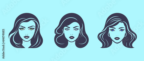 Vector set of icons or stickers. Portraits of beautiful young ladies with hairstyles and big lips. Isolated background.