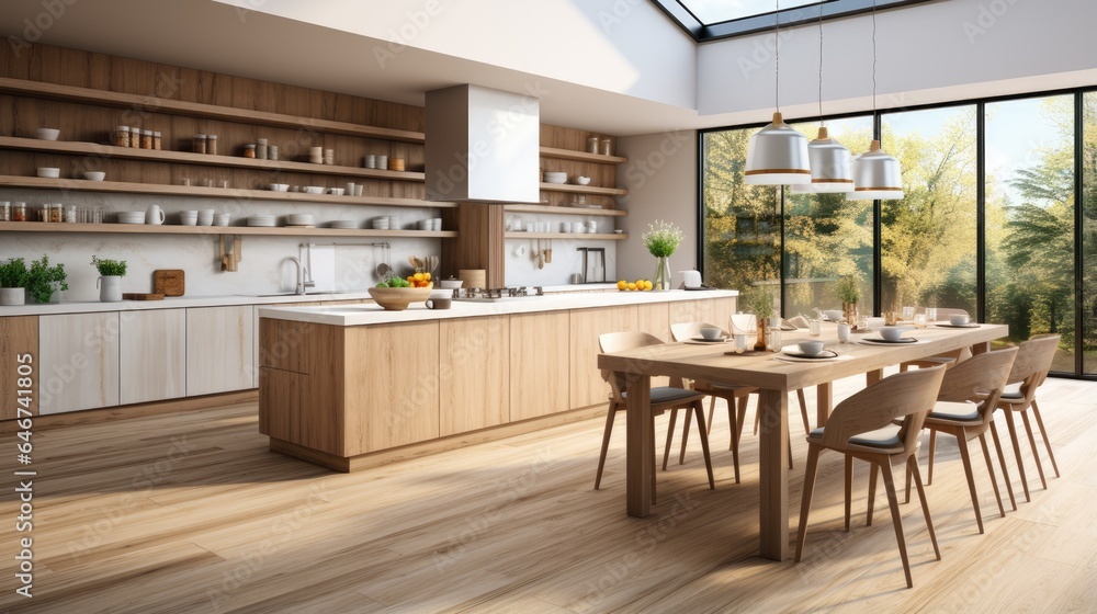 Clean white kitchen interior design combined with wood nuances, modern kitchen
