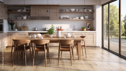 Clean white kitchen interior design combined with wood nuances, modern kitchen