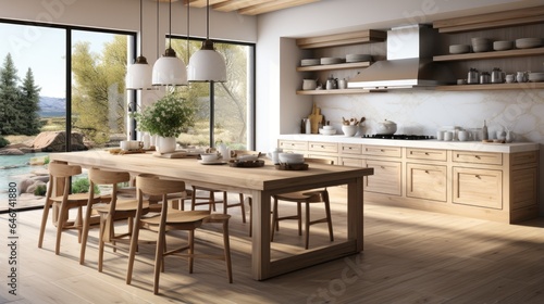 Clean white kitchen interior design combined with wood nuances, modern kitchen © MBRAMO