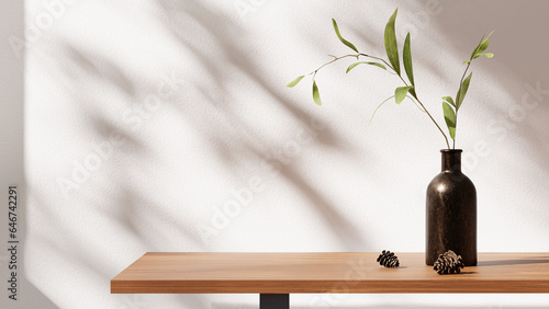 3d wooden table with plant vase and pinecones. 3d rendering of product presentation. 3d illustration with copy space. 