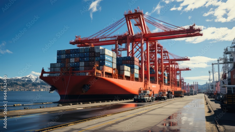 Naklejka premium Container Loading process on cargo ship with ship crane, bright blue sky background
