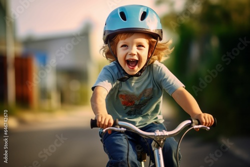 Excited kid boy in a helmet rides a bike first time. AI generative