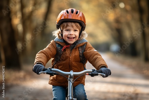 Excited kid boy in a helmet rides a bike first time. AI generative