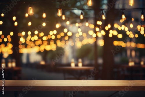 Evening outdoor cafe table display. Empty brown wooden table in front of bokeh background of shiny warm garlands. AI generative