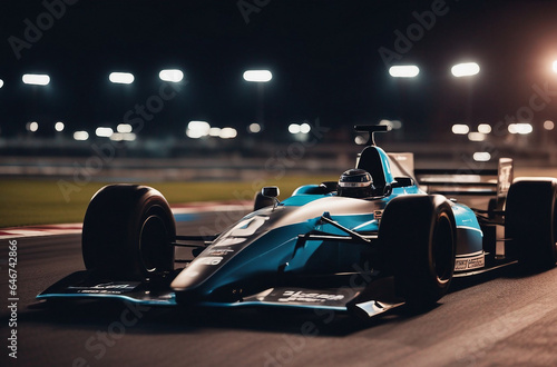 Formula race car on the track at night