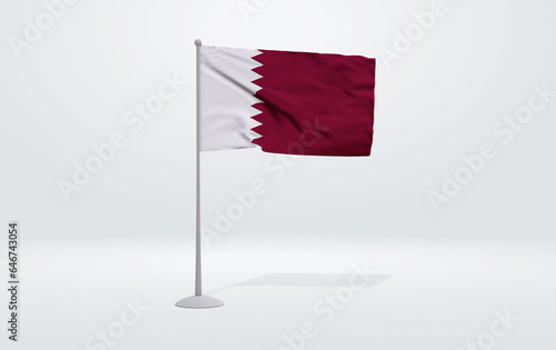 3D illustration of a Qatari flag extended on a flagpole and a studio backdrop in the background.