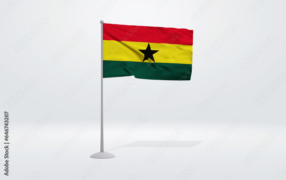 3D illustration of a Ghanaian flag extended on a flagpole and a studio backdrop in the background. 3D illustration of a Ghanaian flag extended on a flagpole and a studio backdrop in the background.