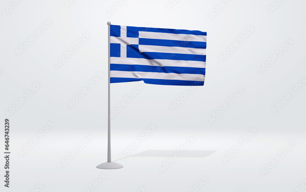 Obraz premium 3D illustration of a Greek flag extended on a flagpole and a studio backdrop in the background.