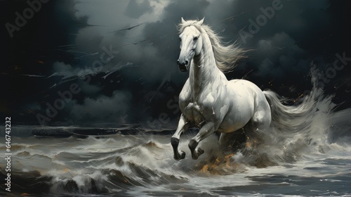 horse runs along the ocean