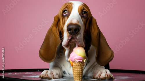 A basset hound enjoying an ice cream cone
