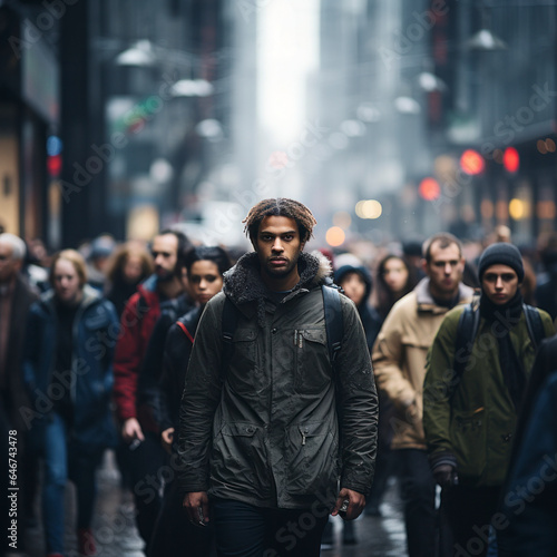 A large group of commuters walking through a busy city, crowds of pedestrians © miketea88