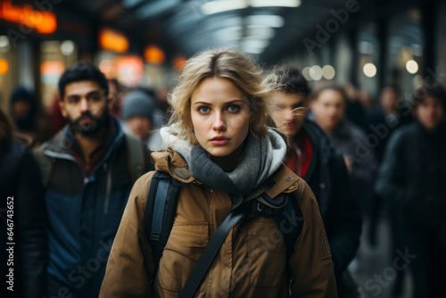 A woman in a large group of people walking down a busy street in a city