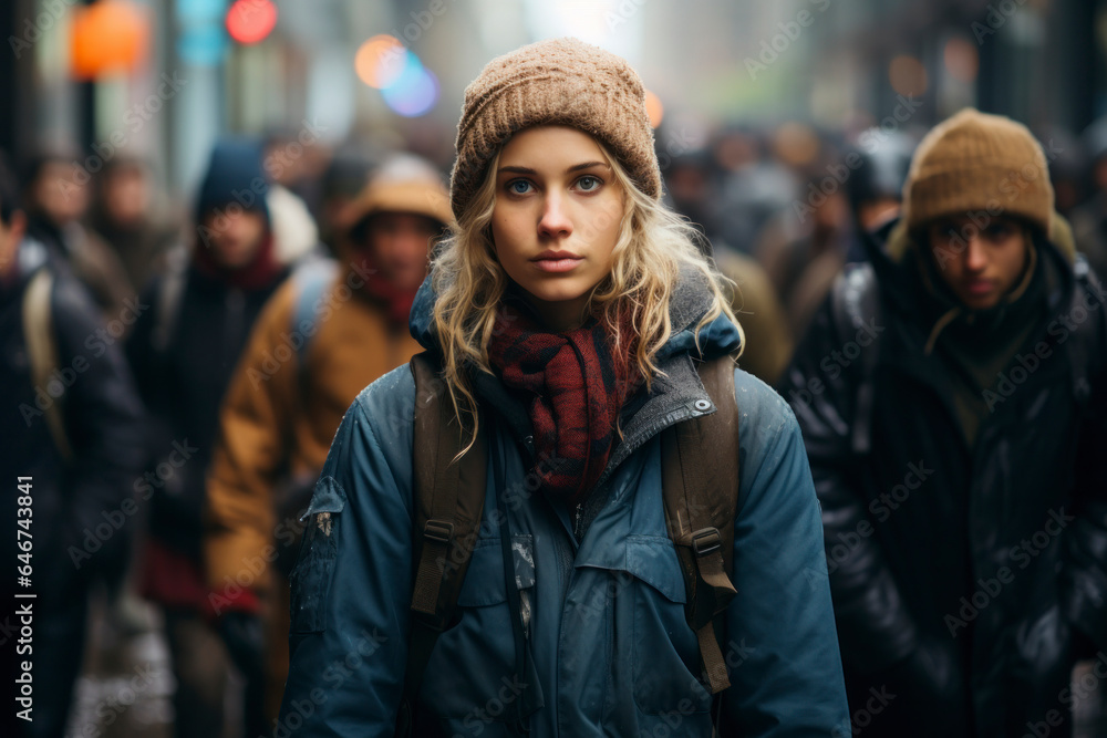 A woman in a large group of people walking down a busy street in a city A woman in a large group of people walking down a busy street in a city