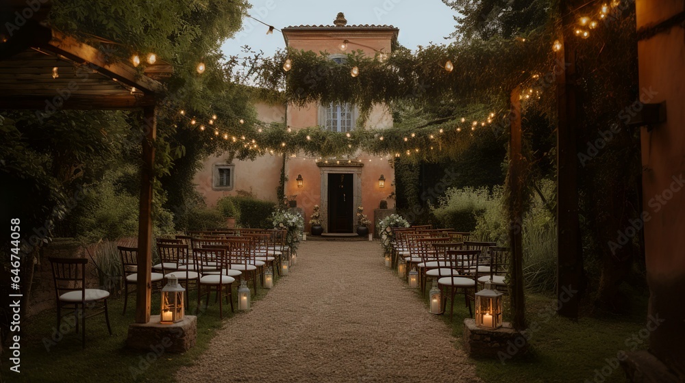 Rustic mansion exterior with wedding decor and cozy lights 