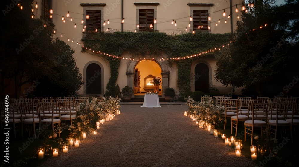 Rustic mansion exterior with wedding decor and cozy lights 