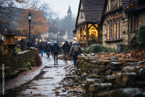 A group of people walking through a small English village in the countryside © miketea88