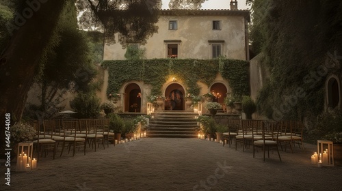Rustic mansion exterior with wedding decor and cozy lights  © Hdi
