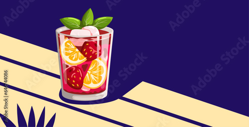 vector fresh fruit juice and alcohol in flat style, line shadow and lighting