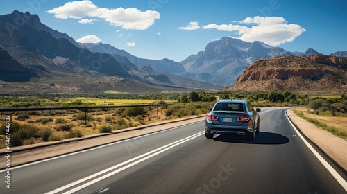 empty road with view of mountains and clear sky through car windshield © MBRAMO