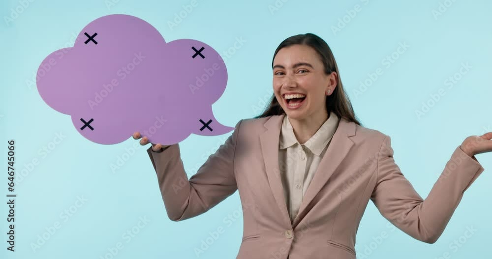 Business, woman and face with speech bubble, question and confused comment on social media in studio blue background. Entrepreneur, portrait and sign with faq, quote and chat online with feedback Business, woman and face with speech bubble, question and confused comment on social media in studio blue background. Entrepreneur, portrait and sign with faq, quote and chat online with feedback