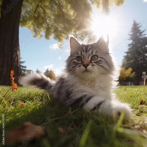 A cute cat is playing in the park