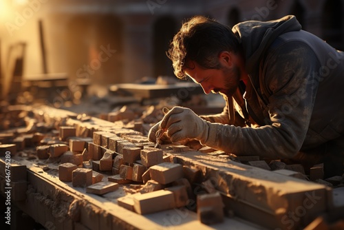 Mason Laying Bricks: A mason precisely lays bricks to build a sturdy structure on a sunny construction site. Generated with AI
