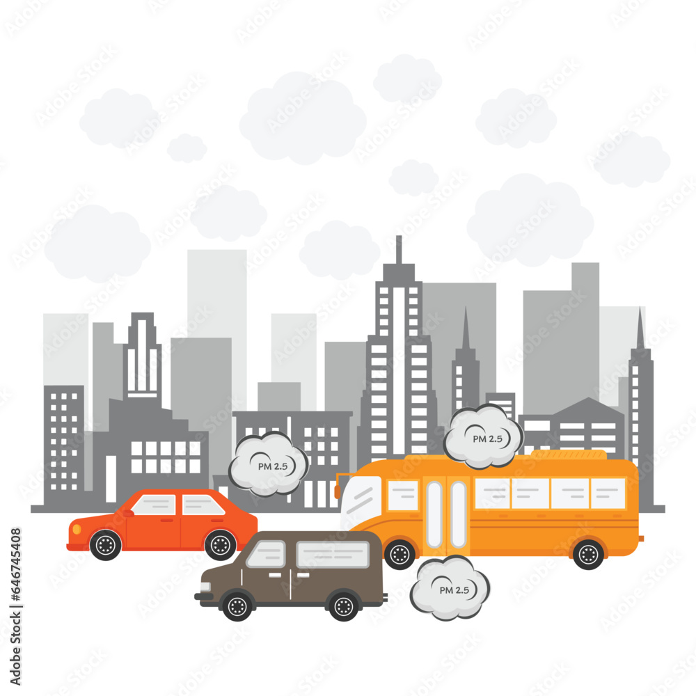 Air pollution environment at city, vehicle traffic and toxic pollution. Car with carbon dioxide clouds.  flat vector illustration.