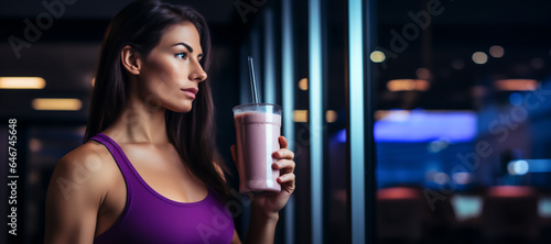 Young fit woman in sport top is drinking strawberry protein shake from glass after workout in fitness center, banner