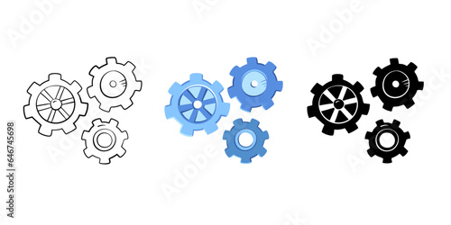 Cog gear set in cartoon style, vector illustration. Hand drawn cogwheel icon, isolated elements on a white background. Mechanism graphic symbol for print and design. Concept teamwork, business