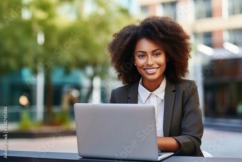 Smiling young African American businesswoman working using laptop outdoors
