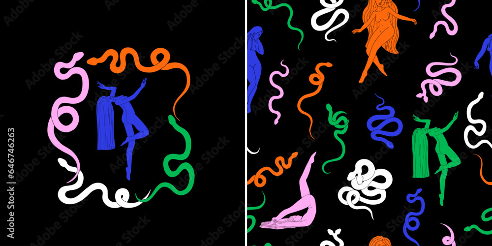 magical forest elements. images of a snake, night moth, fly agaric mushrooms, plant and space elements. Ideal for printing on fabric or clothing, wallpaper and wrapping paper magical forest elements. images of a snake, night moth, fly agaric mushrooms, plant and space elements. Ideal for printing on fabric or clothing, wallpaper and wrapping paper