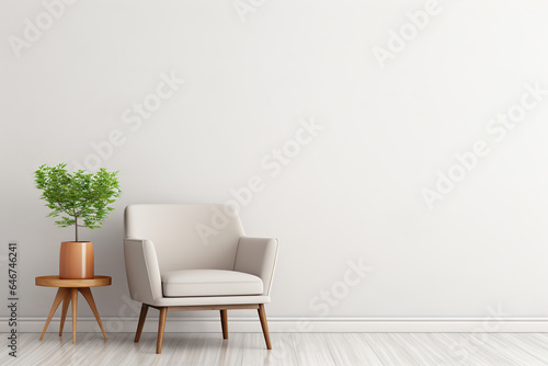 Modern minimalist interior with an armchair on empty white color wall background with copy space