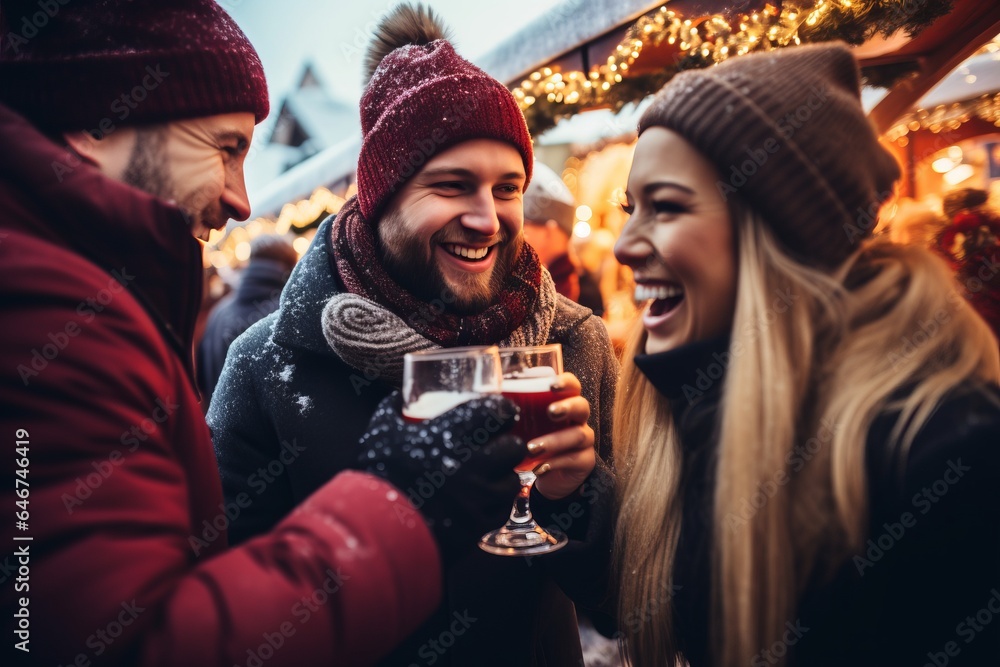 Fototapeta premium Two young cheerful people drinking mulled wine at the christmas market on a winter vacation