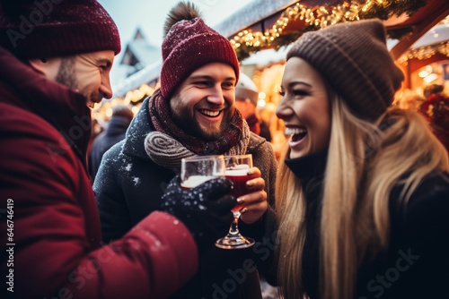 Two young cheerful people drinking mulled wine at the christmas market on a winter vacation