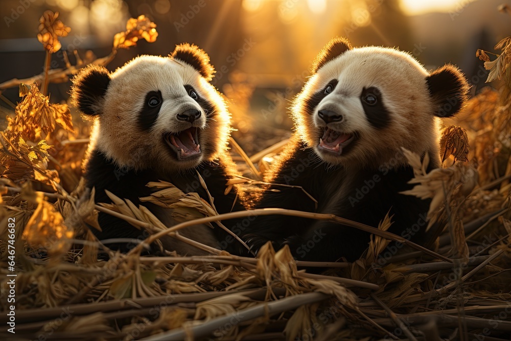 Naklejka premium Panda Research Centers: Cute pandas playing and eating bamboo in a conservation center. Generated with AI