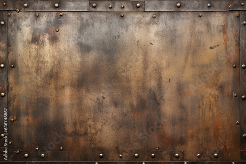 Rustic metal background with rivets and weathered patina photo