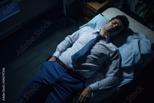 An office worker lay down on the bed, completely helpless © wai