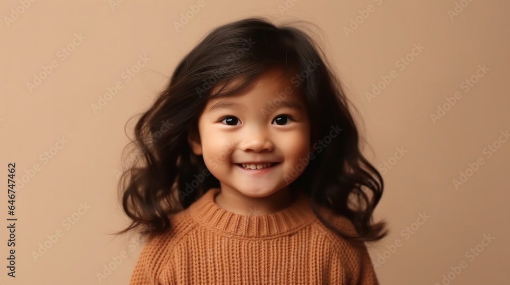 Portrait of joyful Asian toddler girl in studio wearing neutral colors. Generative AI Portrait of joyful Asian toddler girl in studio wearing neutral colors. Generative AI