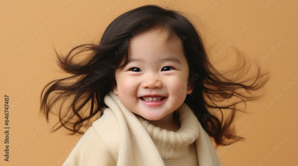 Cute little Asian girl posing in neutral attire, smiling in studio. Generative AI Cute little Asian girl posing in neutral attire, smiling in studio. Generative AI