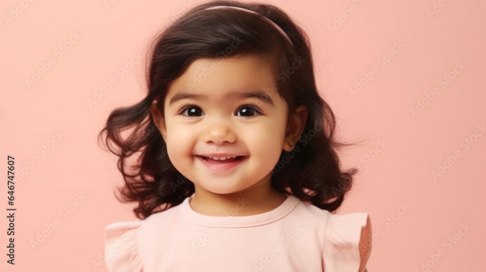 A joyful little girl, wearing neutrals, poses in a studio, smiling brightly. Generative AI A joyful little girl, wearing neutrals, poses in a studio, smiling brightly. Generative AI