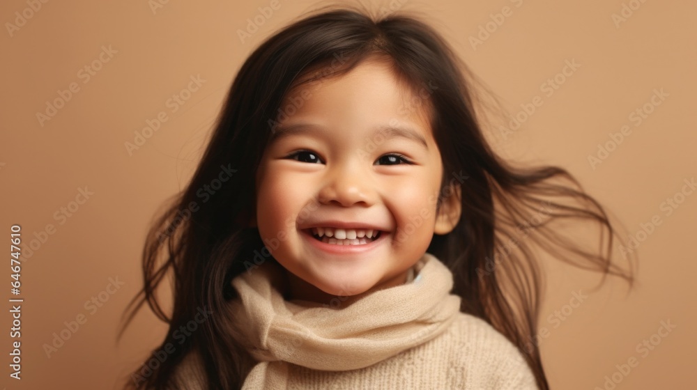 A cute Asian child, dressed in neutrals, exudes joy against a beige studio backdrop. Generative AI A cute Asian child, dressed in neutrals, exudes joy against a beige studio backdrop. Generative AI