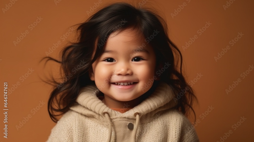 A cute Asian child, dressed in neutrals, exudes joy against a beige studio backdrop. Generative AI A cute Asian child, dressed in neutrals, exudes joy against a beige studio backdrop. Generative AI