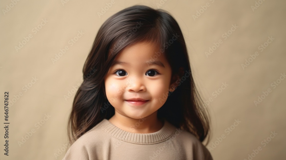 Cheerful Asian toddler framed by a beige background while wearing neutral clothes. Generative AI Cheerful Asian toddler framed by a beige background while wearing neutral clothes. Generative AI